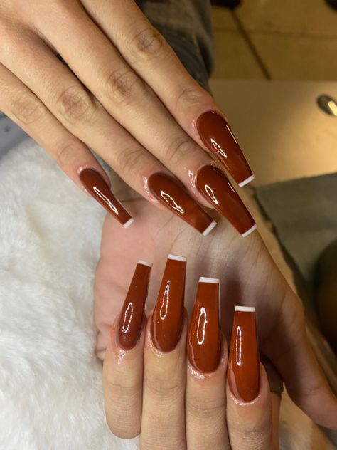 Brown Nails White Tips, White Tips Coffin, Brown Nails With White Tips, Nails White Tips, Nails With White Tips, Nails With White, White French Nails, White Tip Nails, Brown Nails Design