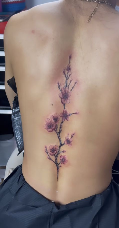 Back Cherry Blossom Tattoo Women, Spine Cherry Blossom Tattoos, Sakura Spine Tattoo, Spine Tattoo Cherry Blossom, Back Cherry Blossom Tattoo, Sakura Back Tattoo, Orchid Spine Tattoo, Cherry Blossom Rib Tattoo, Blossom Tree Back Tattoo