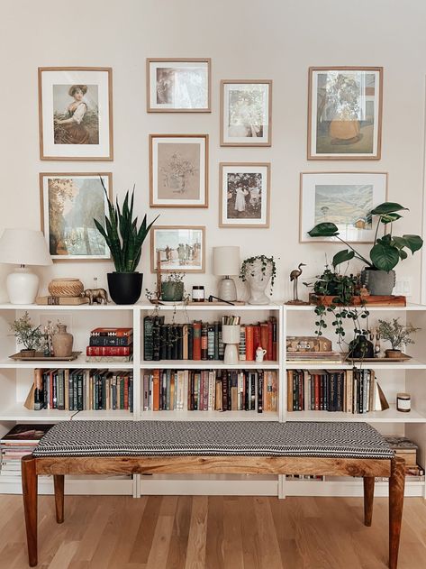 Home Library – Ikea Hack – Lana and Lino Long Low Shelf Living Room, Two Bookcases Side By Side, Gallery Wall Above Bookshelf, Ikea Home Office Ideas Billy Bookcases, Horizontal Bookshelf Styling, Gallery Wall Bookshelf, Half Bookshelf Wall, Ikea Home Library, Billy Bookcase Short