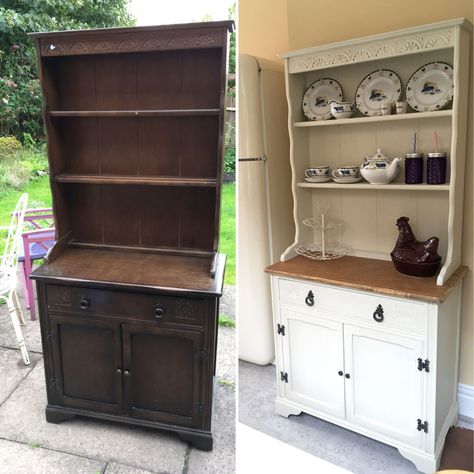 Chalk painted welsh dresser makeover before and after chalk paint, upcycled furniture in antique white. Shabby chic dresser for my kitchen. Chalk paint by Autentico. My new drinks cabinet. Shabby Chic Welsh Dresser, Painted Welsh Dresser, Shabby Chic Kitchen Cabinets, Welsh Dresser, Makeover Before And After, Shabby Chic Dresser, Decor Shabby Chic, Shabby Chic Bathroom, White Shabby Chic