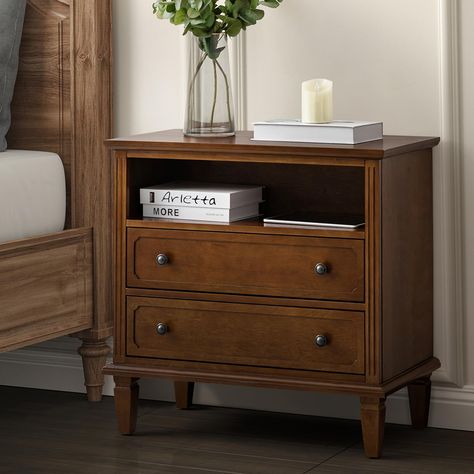 PRICES MAY VARY. MID CENTURY MODERN LOOK - The overall drawer dresser features a vintage texture to create a more welcoming and elegant living space. The unique handles add a hint of aesthetic, with understated hues to incorporate all styles effortlessly. AMPLE STORAGE SPACE - The bedside table has a storage space of 2 drawers and 1 open self, which is spacious enough to help you organize your room and meet different storage needs. You can place frequently used items on the table or on the open Space Dresser, Transitional End Tables, Brown Side Table, Tall Nightstands, Vintage Bedside Table, Nightstand With Charging Station, Small Nightstand, Nightstand Decor, Dresser For Bedroom