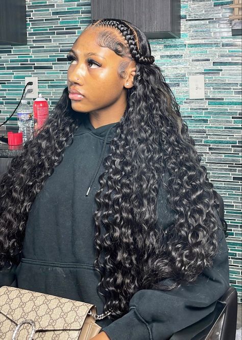 Sweet 16 Braided Hairstyles, Cute Sew Ins With Color, Two Braids Wig Style, 2 Braid Quick Weave, Two Braids Sew In, Two Braids With Weave In The Back, Weave With Braids, Bundle Hairstyles, Wig With Braid