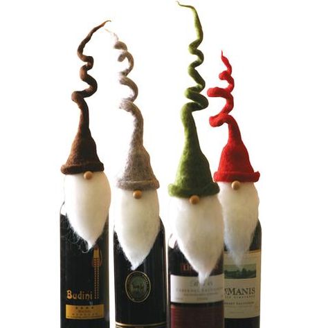 Santa Hat Wine Bottle Toppers - Set of Four Wine Toppers, Santa Wine Bottle, Holiday Wine Gift, Felt Santa, Rustic Christmas Decor, Wine Bottle Topper, Bottle Toppers, Holiday Wine, Scandinavian Gnomes