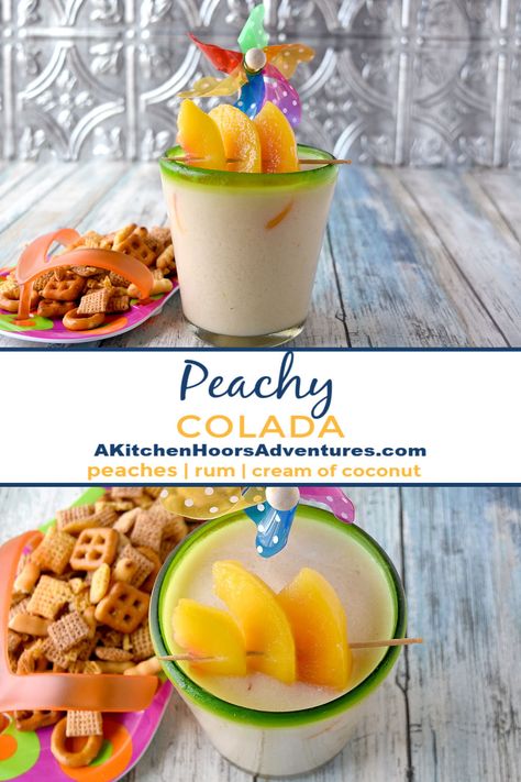 Peachy Colada has simple ingredients and tastes perfectly delicious. Made with frozen peaches, 2 types of rum, and crema of coconut, it’s a refreshing summer colada you’ll enjoy. #OurFamilyTable #pinacolada #peach #cocktail #summerdrink Peach Colada Recipe, Frozen Peach Cocktail, Peach Schnapps Drinks, Peach Cocktail Recipe, Cocktails With Malibu Rum, Peach Rum, Colada Drinks, Malibu Cocktails, Coconut Rum Drinks