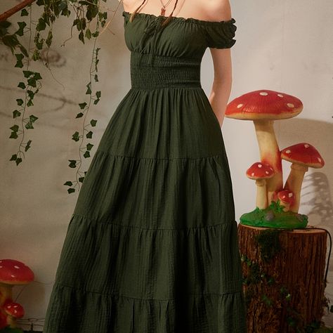 Fairy Green Dress, Forest Green Dress, Fairycore Dress, Forest Dress, Shirred Waist Dress, Fair Outfits, Mode Hippie, Dress Cottagecore, Ruffle Hem Dress