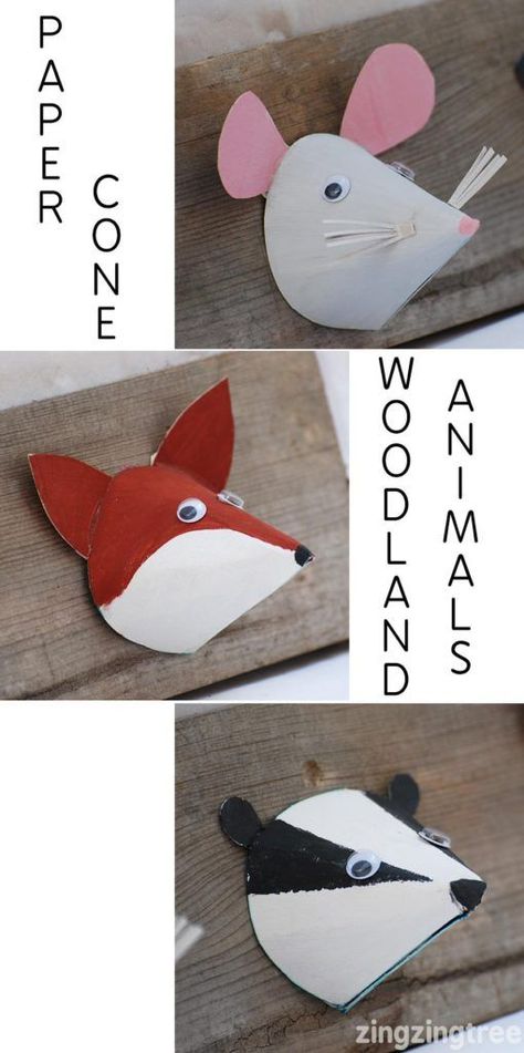 Adorable paper cone woodland animal crafts. Mouse, fox and badger. #crafts #kids #animals One Snowy Night Eyfs, Gruffalo Bedroom, Eyfs Crafts, Gruffalo Eyfs, Woodland Display, Owl Babies, Animal Craft, Mouse Crafts, Snowy Night