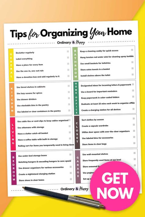 a printable list of home organization tips split into 8 categories over a block yellow and orange background with a pen at the bottom Organization Categories Home, Home Organization Categories, Organization Categories, Home Organization Tips, Cleaning Caddy, Organizational Tips, Goal Planner Printable, Blank Calendar Template, Basket Uses