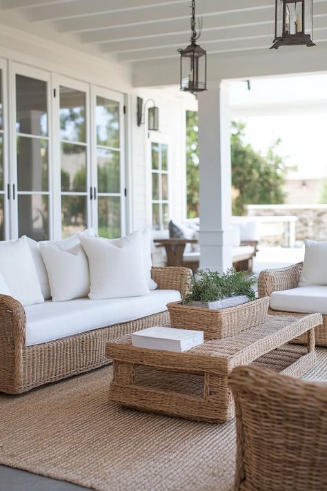 40 Coastal Boho Patio Designs - TastyInteriors Nautical Garden Ideas, Contemporary Front Porch, Porch Furniture Layout, Rustic Mediterranean Decor, Front Porches Ideas, Dream Home Layout, Beach House Porch, Nautical Garden, Porches Ideas