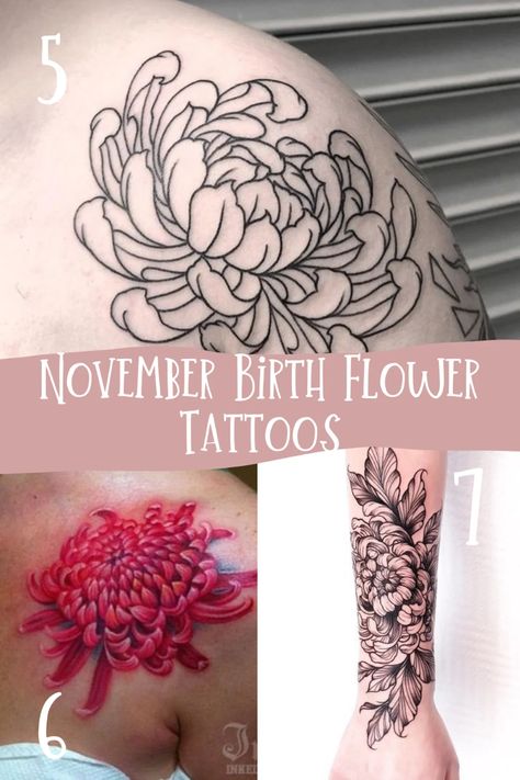 November Birth Flower Tattoos {Chrysanthemums} - TattooGlee November Birthday Flower Tattoo, November Flower Tattoo Ideas, Crisamthmum Tattoo, Chrisantemum Flower Tattoo Simple, November Birth Flower Tattoo Ideas, Birth Flower November Tattoo, November Birth Tattoo Ideas, Mum Flower Tattoo Chrysanthemums, Chrisamthamum Tattoo