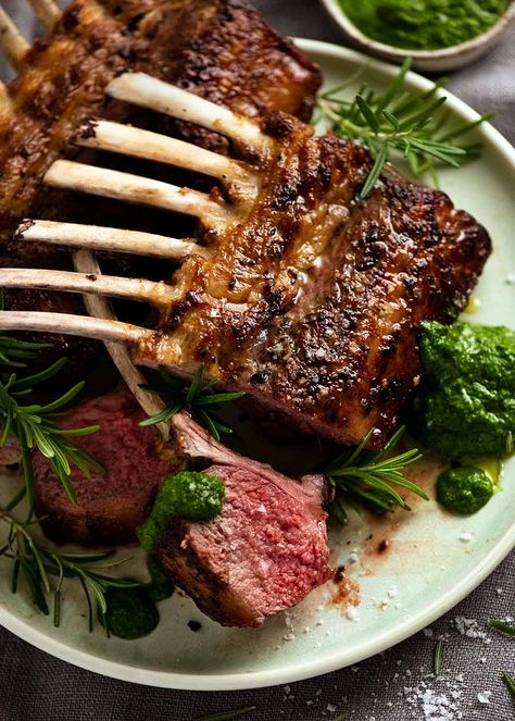 Rack of lamb on a plate with salsa verde Lamb Rack Recipe, Roast Rack Of Lamb, Marinated Lamb, Garlic Marinade, Lamb Chop Recipes, Lamb Ribs, Recipetin Eats, Lamb Dishes, Recipe Tin