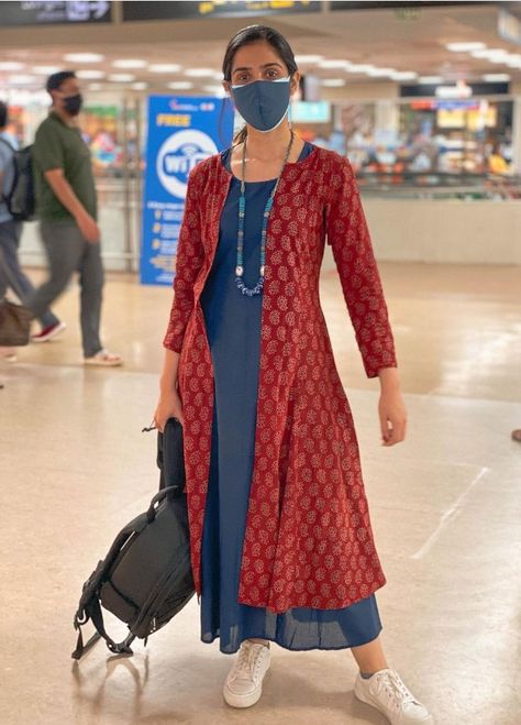 Kurtas With Jackets Women, Kalamkari Western Dress, Kurti With Overcoat For Women, Jacket Kurtis For Women, Churidar With Overcoat, Ikkat Jackets For Women, Kalamkari Shrug, Overcoat Kurti Design Long, Shrug Pattern Kurti