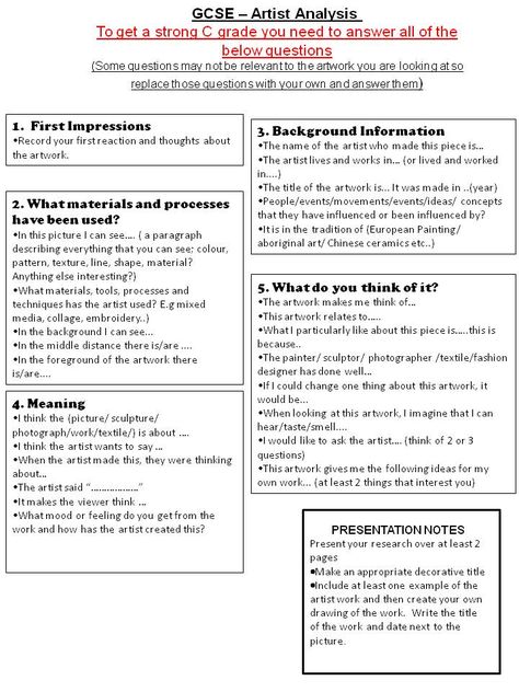 Visual Art GCSE Blog: Artist Analysis Writing Frame A Level Art Analysis, Gcse Annotation, Artist Analysis A Level, What To Write In Artist Research, Gcse Artist Analysis, Artist Analysis Gcse Sketchbook Ideas, Gcse Art Annotation, Poem Analysis Gcse, Artist Copy Gcse