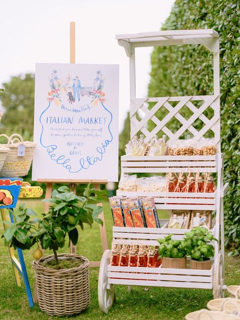 charming "Italian market" with delicious guest gifts for a destination wedding's welcome party guests to choose from Italian Bridal Showers, Villa Cimbrone, Ravello Italy, Italian Party, Bridal Shower Inspo, Italian Market, Welcome Party, Hotel Villa, The Amalfi Coast