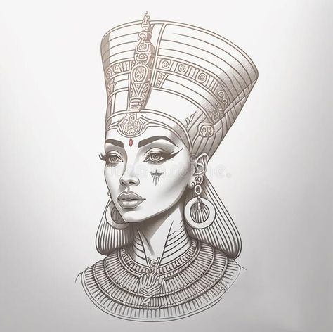 Queen Cleopatra Tattoo, Feminine Egyptian Tattoo, Nefitiri Tattoo, Cleopatra Drawing Sketches, Queen Nefertiti Tattoo Black Women, Nefertiti Tattoo Design Egyptian Goddess, Cleopatra Art Drawing, Ancient Egypt Art Drawing, Cleopatra Tattoo Egyptian