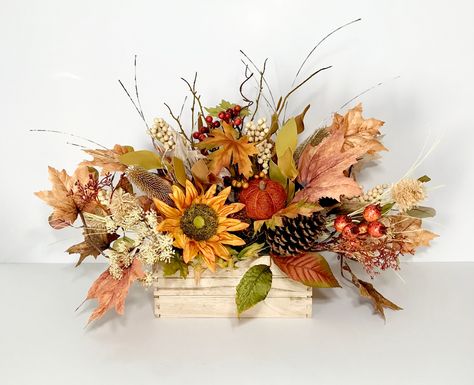 Fall Harvest Halloween Decor, Large Centerpiece Thanksgiving Floral Arrangement, Autumn Sunflower Leaves Flowers, Floral Table Decorations Floral Table Decorations, Thanksgiving Floral Arrangements, Sunflower Leaves, Thanksgiving Floral, Color Leaves, Large Centerpiece, Fall Centerpiece, Artificial Flower Arrangements, Leaf Flowers