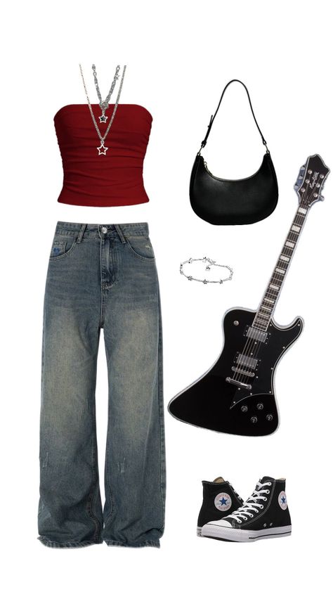 guitar girl 🎸🎧 #stargirl #guitar #doentowngirlasthetic #music #red #black #girlboss Red Black Outfits Aesthetic, Red Bratz Outfit, Girl In Red Aesthetic Outfit, 80s Rockstar Gf Outfits, Pop Star Outfit Aesthetic, Grunge Stage Outfits, Black And Red Aesthetic Clothes, 90s Rockstar Gf Outfit, Rock Star Aesthetic Outfit