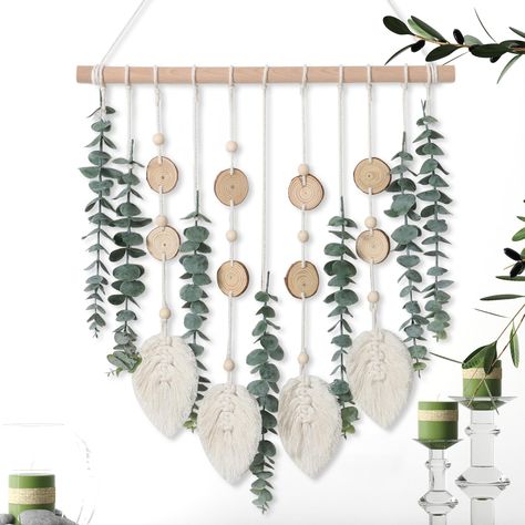 PRICES MAY VARY. 【Eucalyptus Wall Hanging Decor】Made of high-quality wood, plastic, and cotton rope, the fake eucalyptus leaf wall hanging looks very natural, never withers, and will keep green forever. The size 16.5x21.6in(42x55cm) is perfect for your space. This boho aesthetic macrame wall hanging will fill a blank wall, adding texture and comfort to your house. 【Unique Bohemian Design】Natural wood slices, solid wood stick, elegant wood beads, realistic artificial eucalyptus stems and beige ma Faux Greenery Decor, Eucalyptus Wall Hanging, Grunge Decor, Fake Eucalyptus, Eucalyptus Stems, Boho Office, House Unique, Greenery Decor, Eucalyptus Leaf