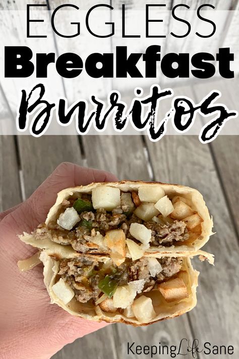 Breakfast Burritos No Egg, No Egg Breakfast Meal Prep, Eggless Breakfast Burritos, Breakfast Burrito No Egg, Eggless Breakfast Casserole, Eggless Breakfast Ideas, Breakfast No Eggs, Premade Breakfast, Camping Breakfast Burritos