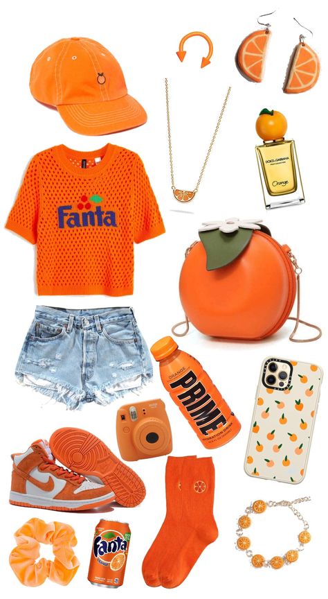 #Aesthetic #Fruit #Orange #Clothing #Outfit #Shoplook Orange Fruit Clothes, Orange Clothing Aesthetic, Fruitcore Outfits, Fruit Themed Outfits, Fruit Inspired Outfit, Cute Orange Outfit, Fruity Outfits, Fruit Outfits, Neon Revenge