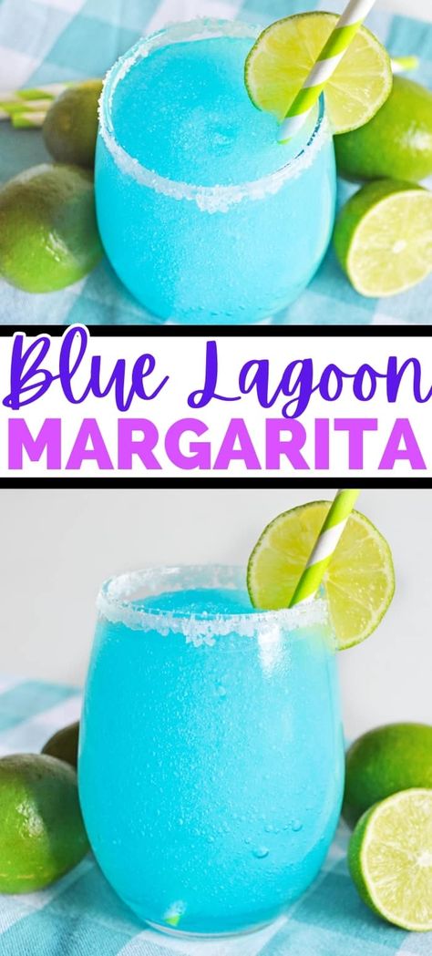 Frozen Blue Lagoon Margaritas are a refreshing--and beautiful-- blended summer cocktail made with tequila, blue curacao, Sprite, and limeade. Blue Margarita Recipe, Summer Party Drink, Frozen Drinks Alcohol, Frozen Drink Recipes, Frozen Cocktail, Frozen Cocktail Recipes, Frozen Blue, Summer Drinks Alcohol, Frozen Margaritas