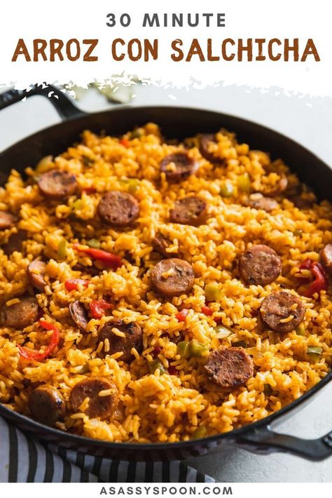 Yellow Rice And Sausage Recipe, Cuban Rice And Beans, Vienna Sausages, Rice Spices, Yellow Rice Recipes, Sausage Rice, Rice And Beans Recipe, Cuban Style, Sausage Recipe