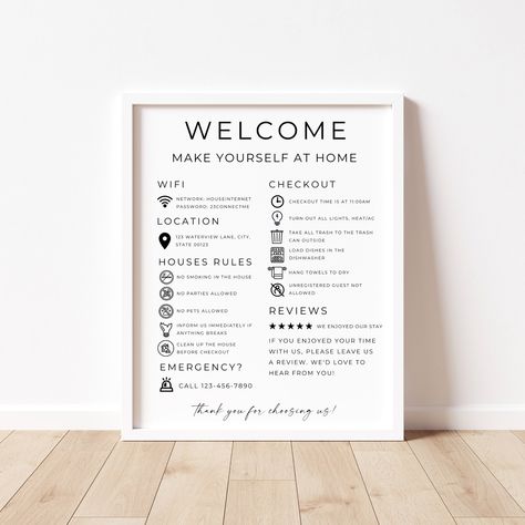 Welcome your guests in style with our customizable welcome sign for short-term rental hosts. This Airbnb host bundle includes an Airbnb welcome sign, VRBO sign, guest arrival poster, guest book, and even a WiFi password and house rules template. Designed with Canva, this editable template is perfect for vacation rental owners looking to create a warm and inviting atmosphere for their guests. Make sure your guests feel right at home from the moment they arrive with our Airbnb host template. **Ple Airbnb Host Welcome Book, Airbnb House Rules Template, Airbnb Welcome Note, House Rules For Airbnb, Airbnb Rules Template, Airbnb Guest Book Template, Signs For Airbnb, Air Bnb Signs, Air Bnb Welcome Basket