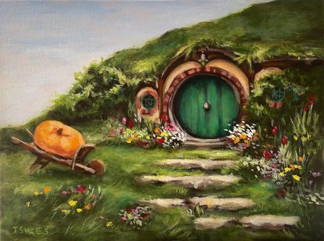 Jamie Sikes on Instagram: “Ethan’s Hobbit Hole. Acrylic on toned #fredixcanvas board. . . . #fanart #hobbit #hobbithole #lordoftherings #lotrfanart #acrylicpainting…” Hole Drawing, Bag End, Large Landscape Painting, Cottage Core Art, Hobbit Art, Lotr Art, Hobbit Hole, Esoteric Art, Easy Canvas Painting