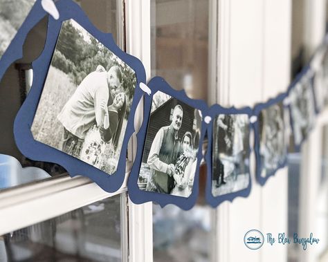 "Add a personal touch to your next celebration and display your favorite snaps with this navy photo banner! Perfect for bridal showers, birthday parties or graduation celebrations, this photo garland is an easy-to-include decoration that's ready-to-use straight out of the package. Made of cardstock & ribbon, each frame is cut to fit a square, 4x4\" photo without the need to secure the photo with tape, glue, clothespins or clips! Simply slip the corners of each photo into/out of each corner pocke Navy Birthday Decorations, Navy Party Decorations, Navy Graduation, Blue Graduation Party, Navy Bridal Shower, Navy Blue Party, Navy Birthday, Navy Party, Photo Garland