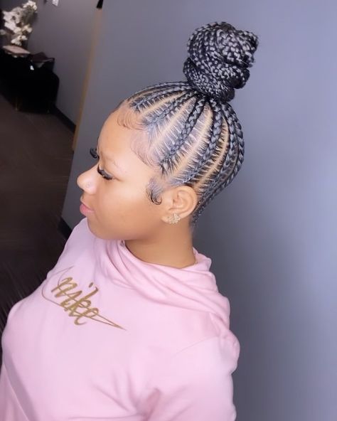 Stitch Braids Updo Hairstyles, Braided Ponytails For Black Women Updo, Stitched Ponytail Braids, Feed In High Ponytail Braids, Stitch Braids With High Bun, High Bun Cornrows, Braided Bun Updo For Black Women, Ponytail With Braids Black Women, Braided Bun Hairstyles Black Women