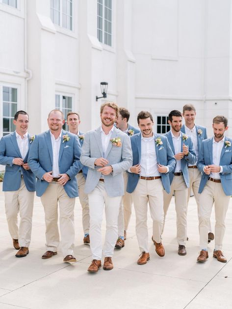 Spring Groomsman Attire, Coastal Wedding Groomsmen, Ricard, Mens Beach Wedding Attire Groom, Hot Weather Groomsmen Attire, Blue Jacket Tan Pants Wedding, California Wedding Mens Attire, Tan Tux With Dusty Blue, Groom Matching Bridesmaids