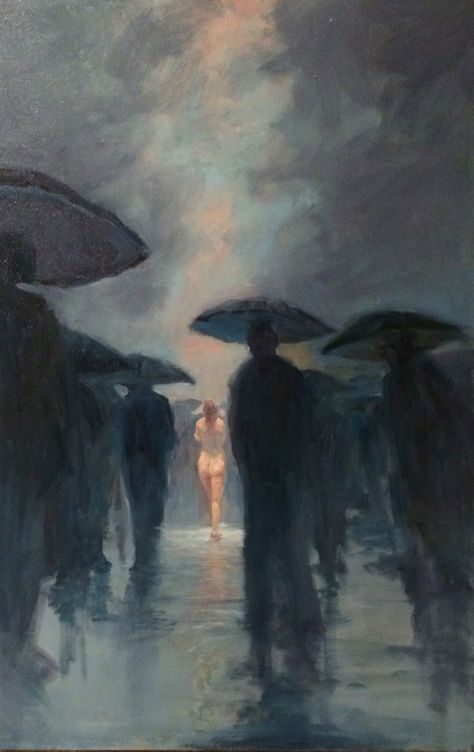 A piece I completed this evening. "A world self absorbed with itself. People going to a fro-concerned about only themselves. Amongst them walks a woman, naked, cold and vulnerable and no one offers comfort-not even an umbrella...I am uncertain if she reaches her destination but I would like to believe that someone, just ahead, will give her a coat, an umbrella and perhaps something to eat.." Sweater Campaign, Vulnerability Art, Paintings With Meaning, Comforting Art, Friendship Paintings, Igcse Art, Eerie Art, Weather Art, Ib Art