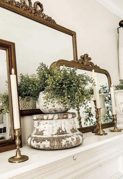 French Mantel Decorating Ideas, Mantle Decorating Ideas Modern, Antique Fireplace Mantels Decor, Picture And Mirror Wall Ideas, Cottage Mantle Decor, French Decor Bathroom, Bedroom Mantle Decor, Farmhouse Mantle Decorating Ideas, Mirror On Mantle