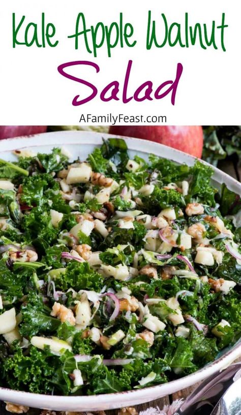 Kale Apple Walnut Salad - Fresh curly kale tossed with apples, walnuts, red onion and cabbage. Such a healthy and delicious salad! Kale Apple Salad, Family Feast Recipes, Curly Kale, Apple Walnut Salad, Spring Salad Recipes, Apple Salad Recipes, Apple Walnut, Healthy Afternoon Snacks, Fresh Salad Recipes