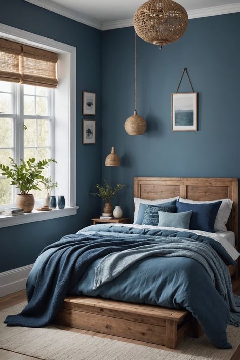 20 Small Boho Style Bedroom Ideas To Make Your Room Feel Bigger – ToolzView Cool Blue Bedroom Ideas, Boho Blue Bedroom Ideas, Bedroom Inspirations Blue Wall, Cosy Blue Bedroom, Blue Farmhouse Interior, Small Blue Bedroom Ideas, Blue Master Room, Bedroom With Blue Bed, Modern Bedroom Blue