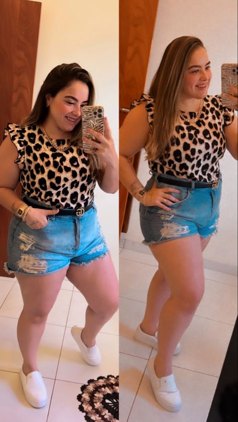 Look Plus Size despojado composto por shorts e blusinha animal print com semi joias e cinto para trazer mais sofisticação Looks Com Short, Plus Size, Pins