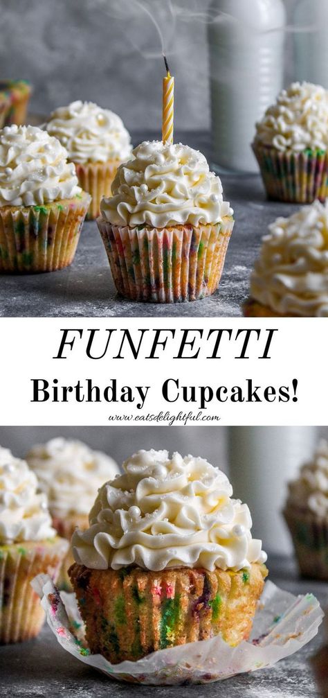 2 stacked images separated by text reading "funfetti birthday cupcakes!" Top image shows funfetti cupcake with blown out candle on top. Bottom image shows funfetti cupcake with paper liner unwrapped Soft Cupcakes, Homemade Funfetti Cupcakes, Cupcake Icing Designs, Funfetti Cupcake Recipe, Funfetti Birthday, Big Birthday Cake, Funfetti Cupcakes, Confetti Cupcakes, Fun Cupcake Recipes