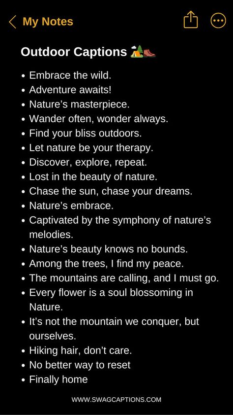 Discover the perfect blend of adventure and serenity with our curated collection of Outdoor Captions for Instagram. From breathtaking landscapes to thrilling escapades, ignite your wanderlust and inspire your followers. Embrace the beauty of nature and let your captions capture the essence of your outdoor experiences. Selfie Quotes Instagram, Cute Captions For Instagram, Captions For Pictures Of Yourself, Nature Captions For Instagram, Classy Captions For Instagram, Aesthetic Captions For Instagram, Outdoor Captions, Adventure Captions, Captions Sassy