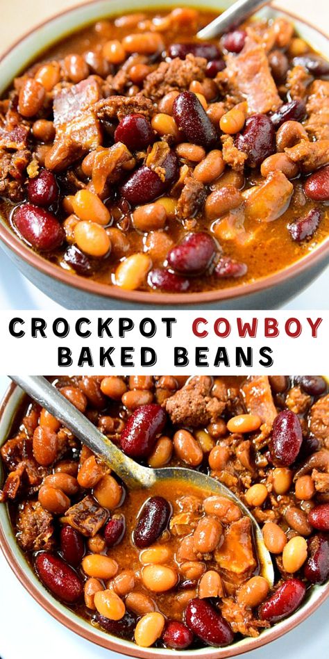 Hobo Beans, Baked Beans Recipe Crockpot, Cowboy Baked Beans Recipe, Crockpot Baked Beans, Pulse Recipes, Cowboy Recipes, Spark Recipes, Beans Recipe Crockpot, Cowboy Baked Beans