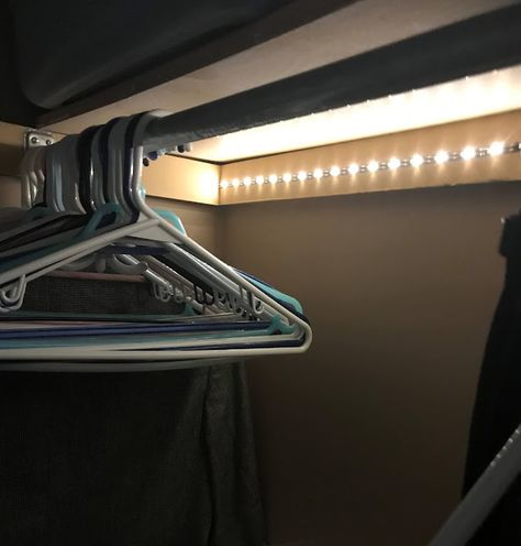 Ambient Lighting Kitchen, Led Lights Closet, Lights For Closets, Closet Lighting Ideas, Led Strip Lights Bedroom, Elfa Closet, Cupboard Lights, Closet Redo, Led Closet Light