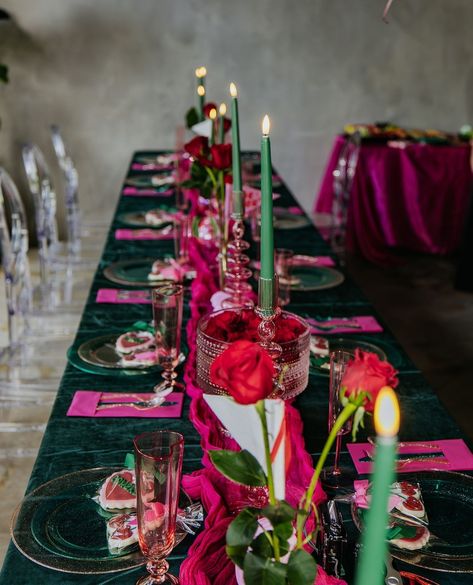 Nicole & Edward staged their micro wedding at @moementumstudio in Winter Park. I’ve shot portraits there before so I was already familiar with the space and could picture ahead of time what the images might look like.⁠ ⁠ The color theme was a bold green and hot pink with a lot of vegas-inspired details and an awesome cherry-adorned cake. It was so much lighthearted fun for these young lovers.⁠ ⁠ Thank you for having me, Nicole and Edward!⁠ ⁠ See their micro wedding at link in bio Emerald Hot Pink And Gold Wedding, Black Pink Green Wedding, Pink Red Green Wedding, Emerald Pink Orange Wedding, Dark Green And Pink Wedding, Emerald Green And Pink Wedding, Fuschia Aesthetic, Green Wedding Aesthetic, Emerald And Pink Wedding