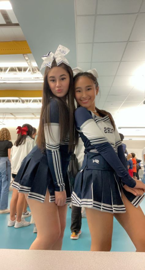 Navy Blue Cheer Uniforms, Purple And Gold Cheer Uniforms, Chearleder Outfit Aesthetic, Blue And White Cheer Uniforms, Cute Cheerleader Outfits, Cheerleading Outfits Aesthetic, Blue Cheerleader Uniform, Netball Kit, Cheerleading Chants