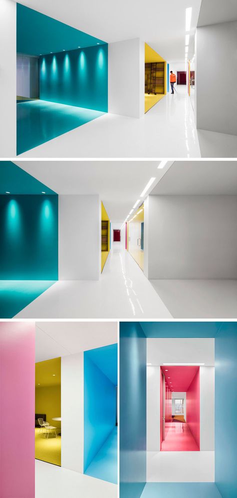 This contemporary and open-concept office design is mostly white, however bold pops of color have been used to define various areas throughout the interior. #Workplace #OfficeDesign #InteriorDesign #Office #Colors Cowork Space, Open Concept Office, Children's Clinic, Colored Walls, Modern Office Design, Corporate Interiors, Contemporary Office, Casa Container, Office Colors