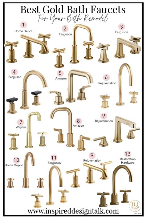 Brass Widespread Bathroom Faucet, Gold Shower Bathroom Ideas, Kohler Brass Bathroom Faucet, Gold Tone Bathroom Fixtures, Farmhouse Bathroom Gold Fixtures, Polished Gold Bathroom Fixtures, Brass Widespread Kitchen Faucet, Gold Bathroom Fixtures Sink Faucets, Brushed Brass Bathroom Faucet