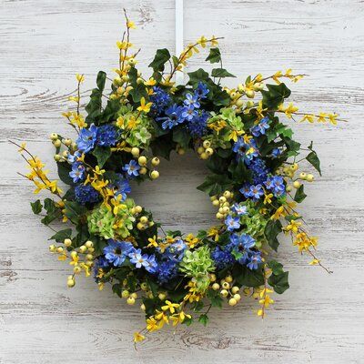 Blue Cosmos, Silk Wreaths, Floral Door Wreaths, Yellow Wreath, Grave Flowers, Purple Wreath, Spring Floral Arrangements, Summer Front Door Wreath, Green Hydrangea