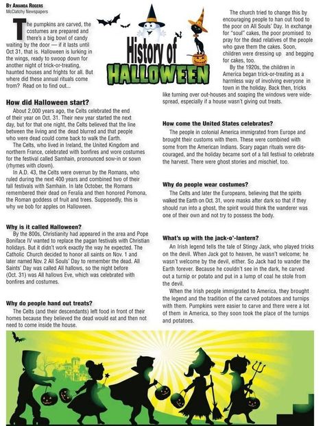 Halloween Stations, Scary Halloween Backgrounds, English Charts, English Comprehension, Holiday Trivia, History Of Halloween, Homeschool Holidays, Halloween Lesson, Halloween History