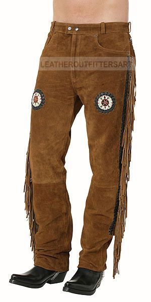 Mens New Brown Buckskin Suede leather Western Hippy Fringes & Beaded Pant Leather Jacket With Fringe, Cowboy Coat, American Indian Clothing, Prehistoric Man, Men Suede, Leather Pant, Leather Fringe, Western Cowboy, Western Style