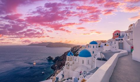 Santorini Sunset Wallpaper, Santorini Greece Laptop Wallpaper, Greece Sunset, Greece Landscape, Greece Mountains Landscapes, Greece Horizontal Photo, Greece Blue And White Buildings, Sky Images, Oia Santorini