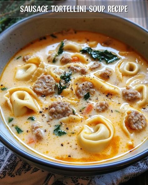 Savory Kitchen Fun - Daily Recipes | Sausage Tortellini Soup Recipe | Facebook Creamy Tortellini Soup With Sausage, Tortellini Soup Recipes, Tortellini Soup Crockpot, Tortellini Soup With Sausage, Easy Tortellini Recipes, Italian Sausage Tortellini Soup, Cheese Tortellini Soup, Cheese Tortellini Recipes, Soup With Sausage