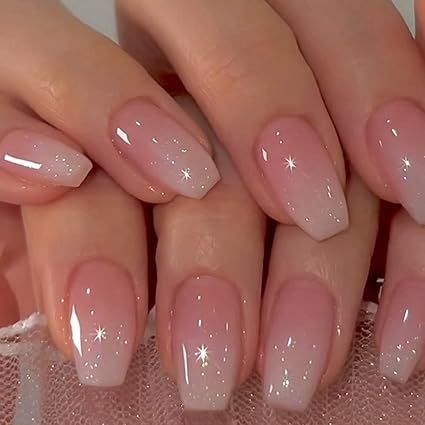 🌈✨ Elevate your nail game with these stunning gradient pink glitter press-on nails! Featuring a chic trapezoid shape and short coffin design, these medium-sized acrylic nails are perfect for adding a touch of sparkle to your spring and summer looks. Easy to apply and oh-so-glamorous! 💅💕 #GradientNails #GlitterNails #PressOnNails #NailArtMagic Ombre On Natural Nails, Wedding Nail Inspo Bridesmaid, Classy Old Money Nails, Short Nail Overlay Ideas, Pink Dipped Nails, Nude Ombré Nails, Gel Nails Medium, Brides Nails, Medium Square Nails