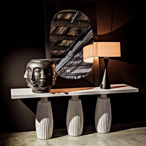 An excellent addition to a foyer or hallway, this Noir console table delights with contemporary flair. Simple yet chic, this functional furnishing adds dimensional depth to any space. The strength and grace of this classic fluted pillar design is featured on a three legged Noir Evelyn conse that would be at home in any style home. The White Wash finish combines white with a subtle reveal of the natural wood beneath to add texture and depth. 80in W x 20in D x 30in H Clearance Height: 28in Materia Luxury Console, What Is Design, Console Furniture, Pillar Design, Duplex Design, White Wash Finish, Metal Table Lamp, Chelsea House, Sideboard Console